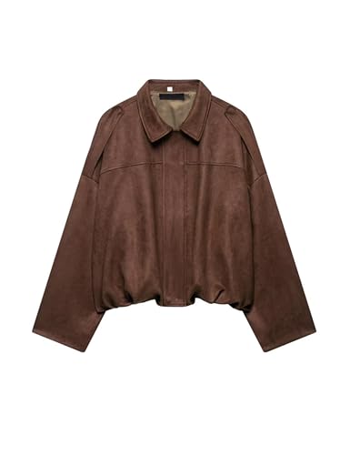Women's Suede Bomber Jackets Casual Overasized Batwing Sleeve Pleated Elastic Hem Coats Streetwear(Coffee-M) - Main Image