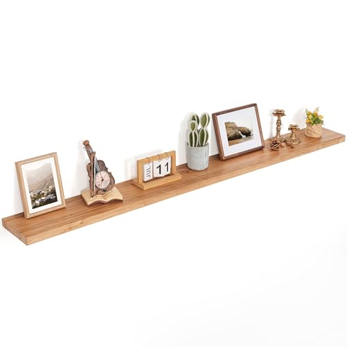Image of Floating Shelves for Wall Decor, 8 inch Deep Rustic Solid Elm Wood Floating Shelves Wall Mounted, Wall Shelves with Invisible Bracket for Living Room Bathroom Bedroom Kitchen, 72 Inch Set of 1, Natural