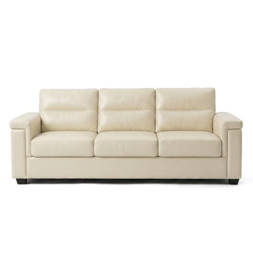 Image of FURNY Parker 3 Seater Fabric Sofa Set with Leatherette Finish | Durable Comfort | Ideal for Living Room | Modern Design (Cream Leatherette)