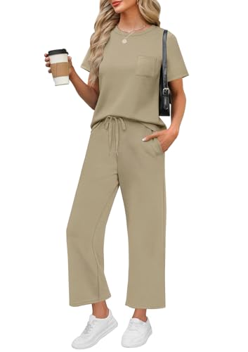 Image of WIHOLL 2 Piece Sets for Women Casual Summer Travel Vacation Outfits Short Sleeve Wide Leg Crop Pants Lounge Sets