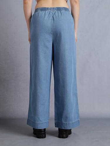 Image of INKD Women's Wide Leg Jeans- 100% Cotton | Mid-Rise | Elasticated Waistband | Pintuck Details | Comfort Fit | Palazzo Pants for Women | Lightweight Denim for Summers (Available in Plus Sizes)