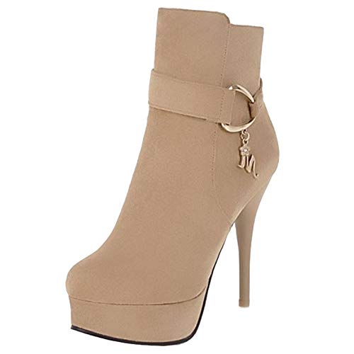 Onewus Botas de tacón alto de caña corta para mujer, beige, 44 EU