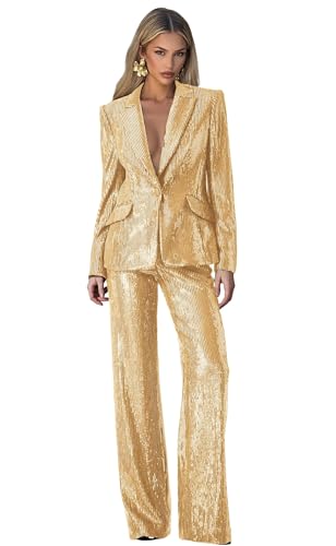 Gold Sequin Womens Suit Petite 2 Piece Pant Suits for Women Glitter Sparkly Womens Tuxedo for Wedding Party Size Small