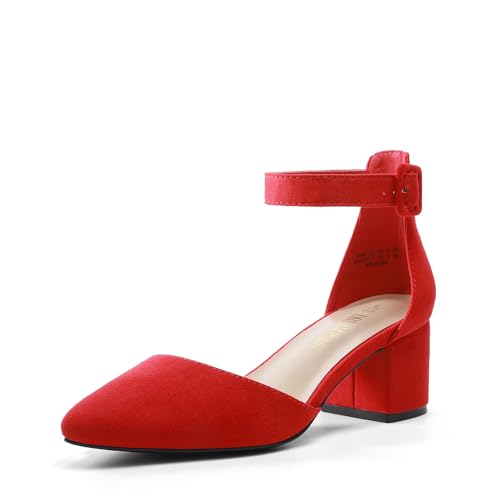 DREAM PAIRS ANNEE Pointed Toe Low Chunky Heels Pump Shoes,Size 8,Red/Suede,ANNEE