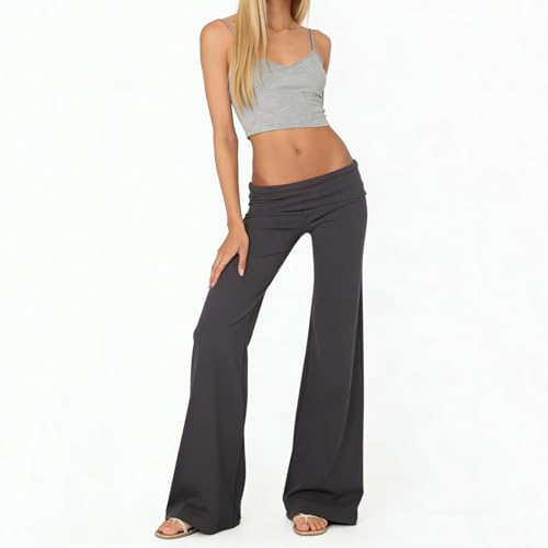 Image of Lounge Yoga Pants for Women Fold Over Low Waist Wide Leg Bell Bottoms | Y2K Foldover Pants, Flare Leggings, Low Rise Yoga Sweatpants