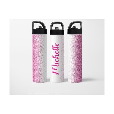 Personalized Flip Top Water Bottle 25oz | Gym Water Bottle | Summer Camp Water Bottle | 750ml | Pink Glitter Effect with Name | School Water Bottle | Custom Sports Bottle Cover