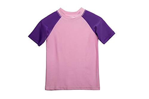qilefoty Girls Short Sleeve UPF 50+ Sun Protection Swimwear Athletic Elastic Shirt Surfing Rash Guard Tops for 2-16 Years,Pink with Purple,Large(12)
