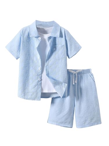 Image of GORGLITTER Boy's Summer Outfits Vacation Beach Linen Sets 2 Piece Sets Short Sleeve Button Down Shirts Top and Shorts