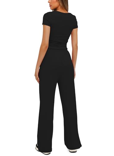 Darong Women's 2 Piece Outfits Lounge Sets Ruched Short Sleeve Tops High Waisted Wide Leg Pants Tracksuit Sets - Image 3