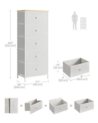 SONGMICS Chest of Drawers Bedroom, Drawer Storage Unit, Dresser with 5 Fabric Drawers, Metal Frame, Tall and Slim, for Closet, Camel Yellow and Cream White LTS315W01