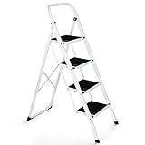 JungleA 4 Step Ladder, Folding Step Stool for Adults, Foldable Lightweight Portable Tall White Ladder Stool for Home Kitchen Closet Garage & Office, Wide Anti-Slip Pedal, 330 lbs Load Capacity