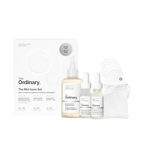 Image of The Ordinary The Mini Icons Set, Travel Size Skin Care to Hydrate and Brighten, Glycolic Acid 7% Exfoliating Toner, Niacinamide 10% + Zinc 1%, Hyaluronic Acid 2% + B5, 4 Reusable Rounds