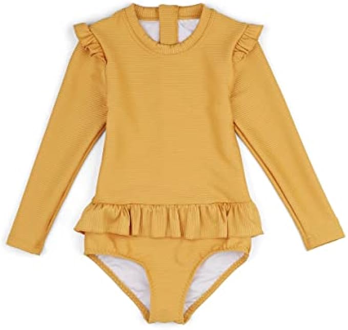 HOMILLE Girls One Piece Swimsuits Long Sleeve Rash Guard Sunsuit Zipper Surfing Bodysuit Kids Ruffle Bathing Suits 0-10 Years