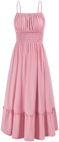 GRACE KARIN Womens Summer Dress Sleeveless Spaghetti Strap Smocked Ruffle Beach Long Maxi Dress with Pockets