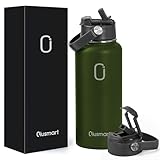 Edelstahl Trinkflasche mit Strohhalm 1L: Auslaufsichere doppelwandige vakuumisolierte Flasche für Sport, Reisen, Fitnessstudio, BPA-frei（Armeegrün）