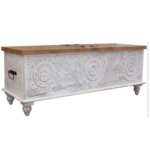 Image of Vifo Wooden Trunk Box for Storage | Solid Wood Coffee Table for Living Room | Handcrafted Center Tea Table with Sandook Storage for Living Room | Pitara for Home and Bedroom (White Wash)