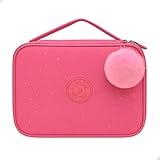 Estojo Escolar Box Grande, com Pompom, Glitter, Alça e Zíper, 29 Elásticos para canetas, lapiseiras ou lápis | Volta as Aulas, Material Escolar, Papelaria Fofa Criativa 23x15cm (Rosa)