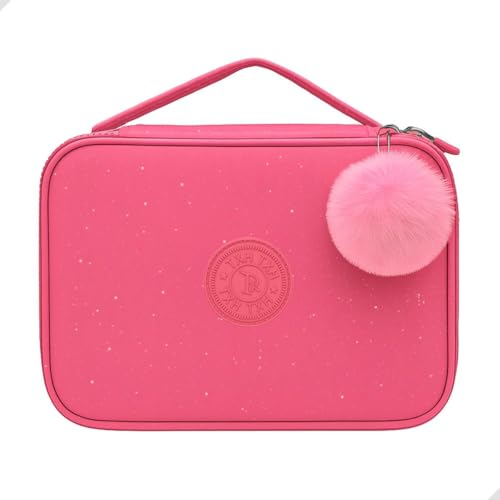 Estojo Escolar Box Grande, com Pompom, Glitter, Alça e Zíper, 29 Elásticos para canetas, lapiseiras ou lápis | Volta as Aulas, Material Escolar, Papelaria Fofa Criativa 23x15cm (Rosa)
