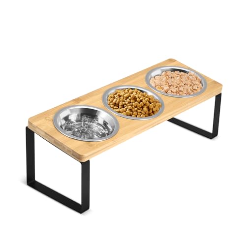 Cuencos inclinados para gatos con soporte, comedero elevado de madera para gatos y perros pequeños, incluye 3 cuencos de acero inoxidable para alimentos y agua