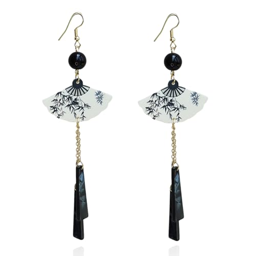 Handmade Resin Fan Dangle Earrings for Women Beautiful Sector Aesthetic Earrings Cheongsam Antique Style Chinese Japanese Vintage Lightweight Sterling Silver Stud Statement Unique Jewelry