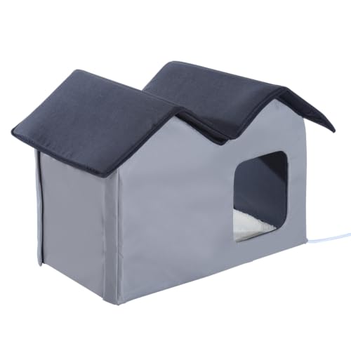 PawHut Double Heated Portable Indoor Cat Shelter House, Grey