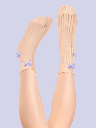 Image of Fourluoo 6 Pairs Women Ruffle Crew Socks with Bow Cute Retro Mid-calf Socks Breathable Cotton for Spring Summer Casual Daily
