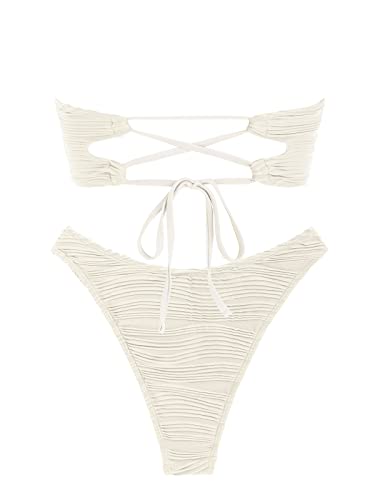 Image of ZAFUL Women Strapless Textured Bandeau Bikini 2 Piece Swimwear Cheeky Solid Lace up Bathing Suits
