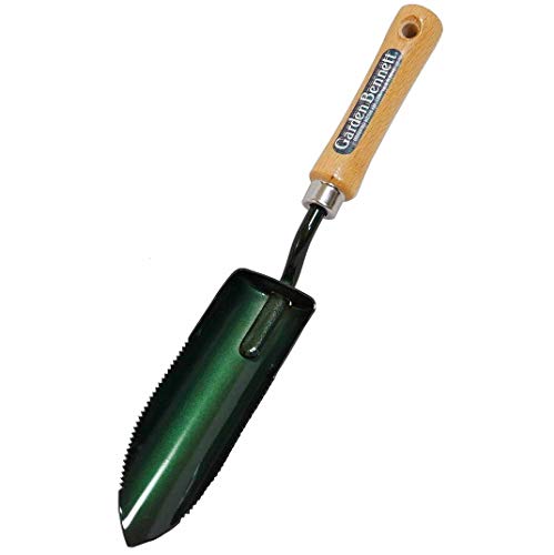 Japanese Garden Trowel Serrated Edge Heavy Duty Japanese Steel with Wood Handle, Made in Japan, Garden Transplanter Tool for Digging, Scooping, Cutting, Transplanting, Black