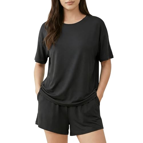 EPOPLAR Womens Pajama Sets Cooling Viscose Made from Bamboo: Short Sleeve Top and Shorts Soft Sleepwear Loungewear Summer(M Black)