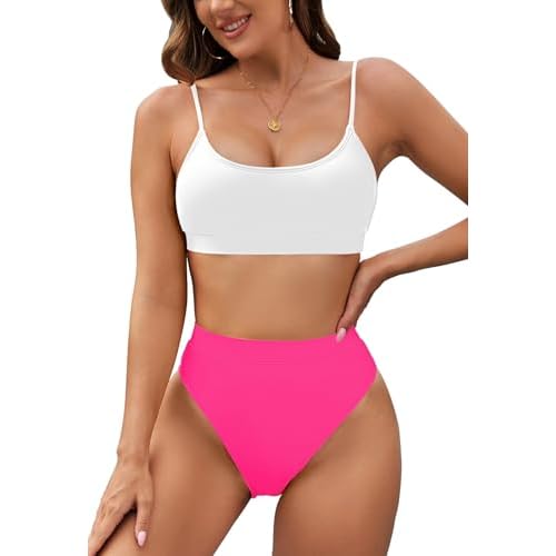 Pink Queen Plus Size High Waisted Bikini Set for Women Two Piece Cheeky High Cut Swimsuit Bathing Suit White M Small 01 - Army Green