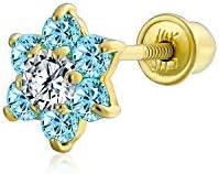 Tiny Minimalist AAA Gemstone CZ Birthstone Colors Cluster Open Flower Yellow Real Gold Stud Earring 1 Piece For Women Teen Secure Screw Back Helix Lobe Cartilage