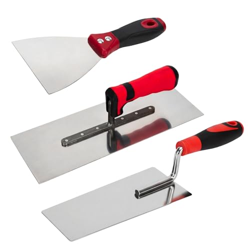 Plasterers Set - (3-Piece) Brick Jointer,Wallpaper Scraper, Pointing Tool, Gauging Trowel, Plastering Trowel - Builders Bricklaying Tools with Soft Grip Handles
