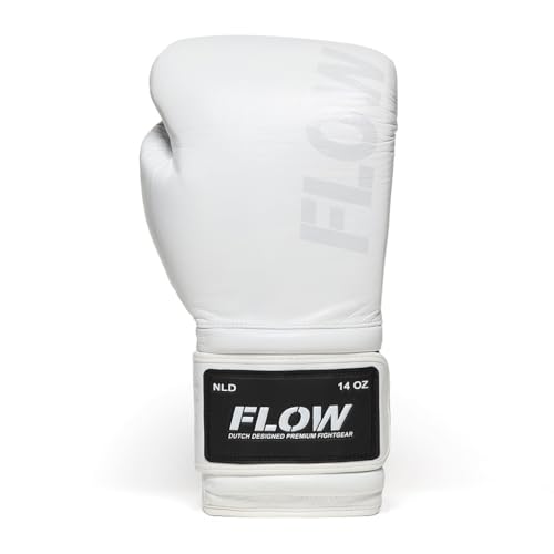 Flow Challenge Boxhandschuhe aus echtem Leder, Sparring und Training, Muay Thai, Kickboxen, MMA, Kampfsport, Herren und Damen - Weiß - 16oz