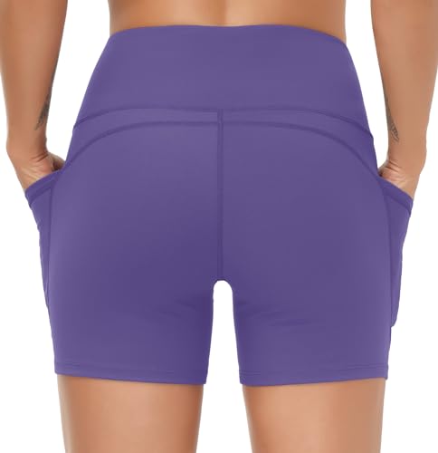 Image of THE GYM PEOPLE High Waist Yoga Shorts for Women's Tummy Control Fitness Athletic Workout Running Shorts with Deep Pockets