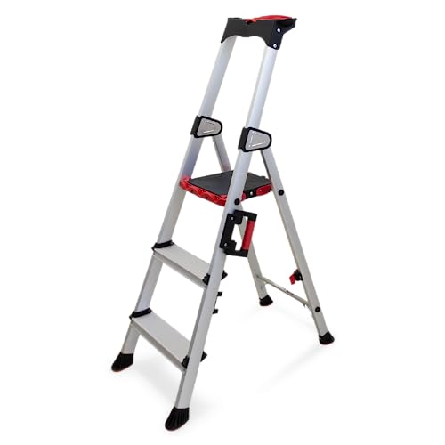 KELI - Échelle Pliable, Escabeau, Marchepied, Aluminium Robuste, Qualité Professionnelle, Poignée de Transport, Porte Outils ABS Dépliable… (3 MARCHES)