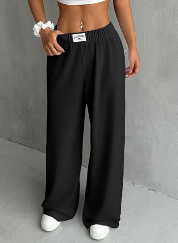 Herseas Wide Leg Sweatpants for Women Elastic High Waisted Patch Detail 2025 Loose Casual Trousers Pant with Pockets2