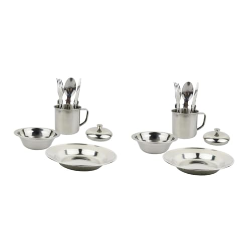 Abaodam 2 Sets Camping Kitchen Tools Stainless Steel Set Portable Dinnerware Utensil Caddy for Outdoor Cooking Travel Essentials