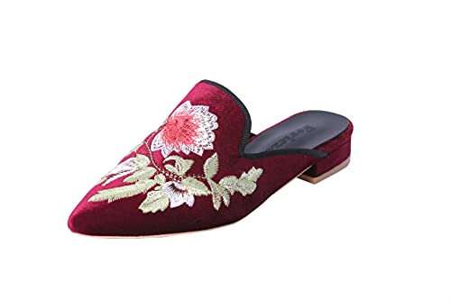 Image of Fericzot Women's Velvet Backless Pointed Toe Slip On Loafers Flats Embroidery Mule Slippers Shoes