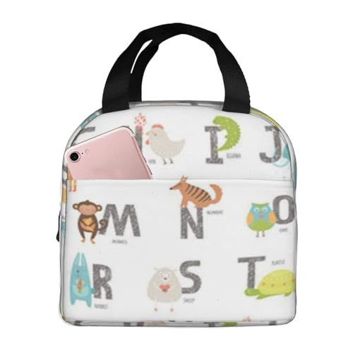 断熱ランチバッグ 大容量 防水 熱漏れ防止 スタイリッシュで丈夫 仕事、学校、アウトドア活動に便利 男女兼用 (かわいい動物園のアルファベット漫画の動物の文字 猫 犬 カメ)