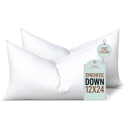 Image of Pillowflex Synthetic Down Pillow Insert 12x24 in - Karate Chop Pillow | Set of 2 - Large Rectangle Sham Forms, Plush Polyester Cotton Blend, Cloud-Like Comfort, Clump-Resistant Fill, Smooth Finish