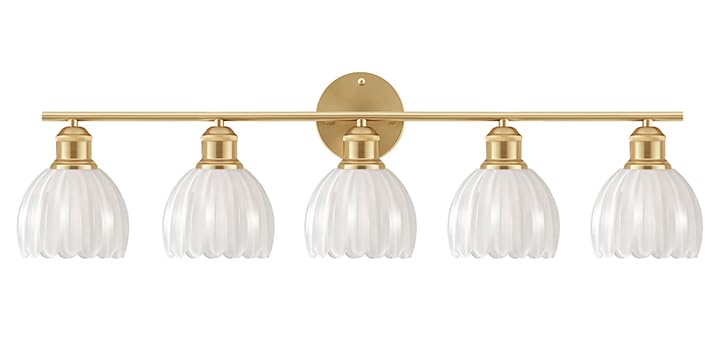 Image of Bathroom Light Fixtures, 5-Light Brushed Gold Vanity Lights for Bathroom with White Tulip Glass Shade, 30 inch Vintage Bathroom Vanity Lighting Fixtures Over Mirror for Bedroom Living Room Hallway
