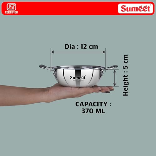Image of Sumeet Cook Smart ISI Certified Tri-Ply (Steel - Aluminium - Steel) Mini Kadai with Silicon Grip | Induction and Gas Friendly | 2.5mm Thick | 370ml -12Cm, Silver