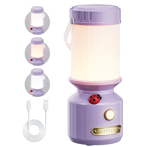 HOMY Ladybug Rechargeable Camping Lantern for Kids, 3-Color Dimmable LED, Tent Hook & Handle, Small Portable USB Safe Night Light for Outdoor/Kids Camping Gear