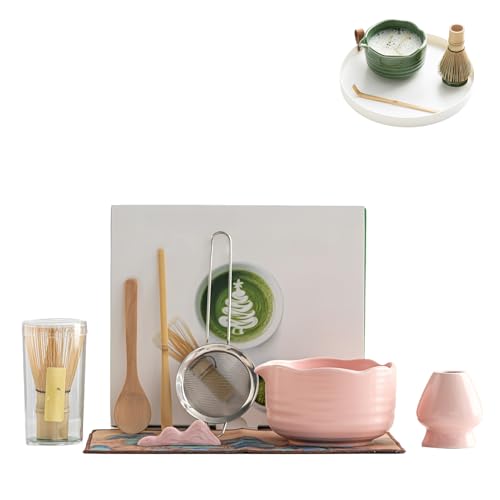 抹茶茶道セット 初心者向けの8点セット 茶碗*1百本立*1茶筅立*1茶撥*1茶漏*1筆架*1茶巾*1木杓子*1箱*1 複数の色を選択可能 (ピンク)