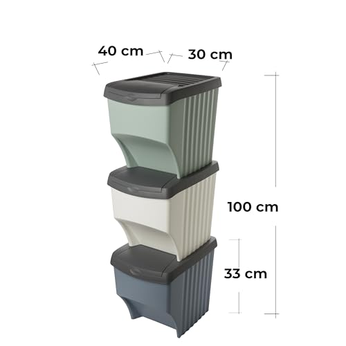 SUSTANIA Premium Müllsortiersystem 3-fach, Stapelbarer Abfallsammler mit 3x22L Volumen, Mülleimer & Mülltrennsystem für Küche & Haushalt, 40x30x33 cm, Made in EU