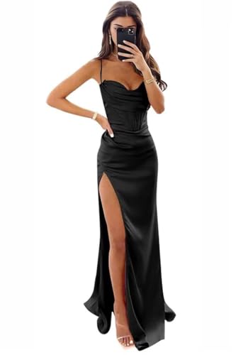 Wchecalino Women‘s Spaghetti Straps Silk Satin Prom Dresses Long 2026 Halter Mermaid Formal Evening Party Gown Black 0