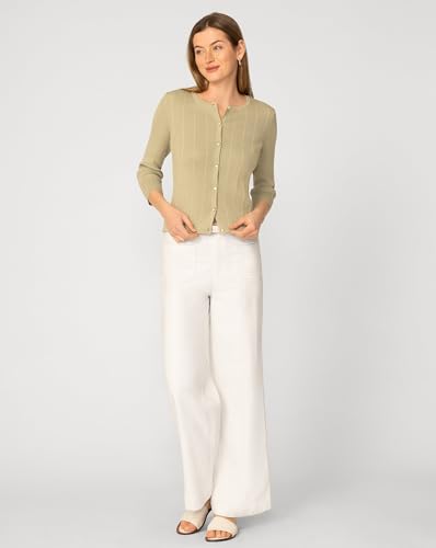 Image of Cable & Gauge 3 /4 Sleeve Cardigan for Women, Crew Neckline & Button Down Front, Stitch Detail