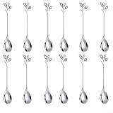Juego de 12 cucharas de acero inoxidable con hojas de árbol para café, revolver té y servir frutas, cubiertos resistentes a la corrosión adecuados para el hogar y el restaurante (plata)