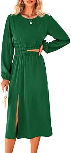 PRETTYGARDEN Women's Spring Midi Satin Dress Casual Crewneck Long Lantern Sleeve Cut Out Flowy A-Line Party Dresses (Dark Green,Large)