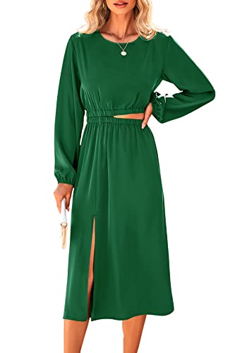 Prettygarden Women's Spring Midi Satin Dress Casual Crewneck Long Lantern Sleeve Cut Out Flowy A-Line Party Dresses (Dark Green,Large) #TOP25